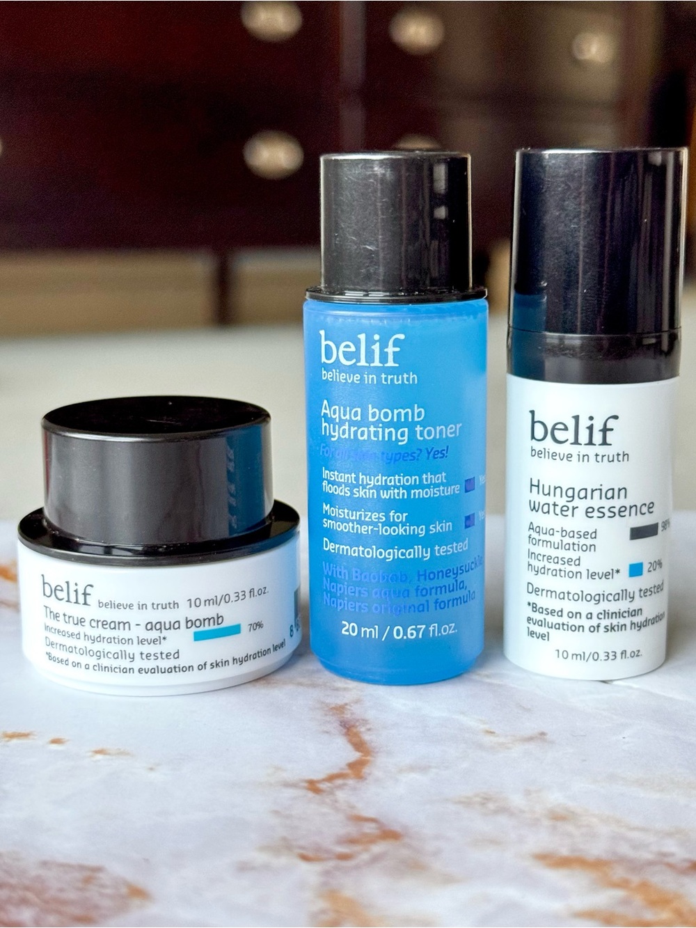 belif Hungarian Water Essence, Aqua Bomb The True Cream, and Hydrating Toner Set